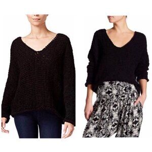Free People Black Dolphin Bay Oversized Open Knit V Neck Slouchy Sweater Size XS